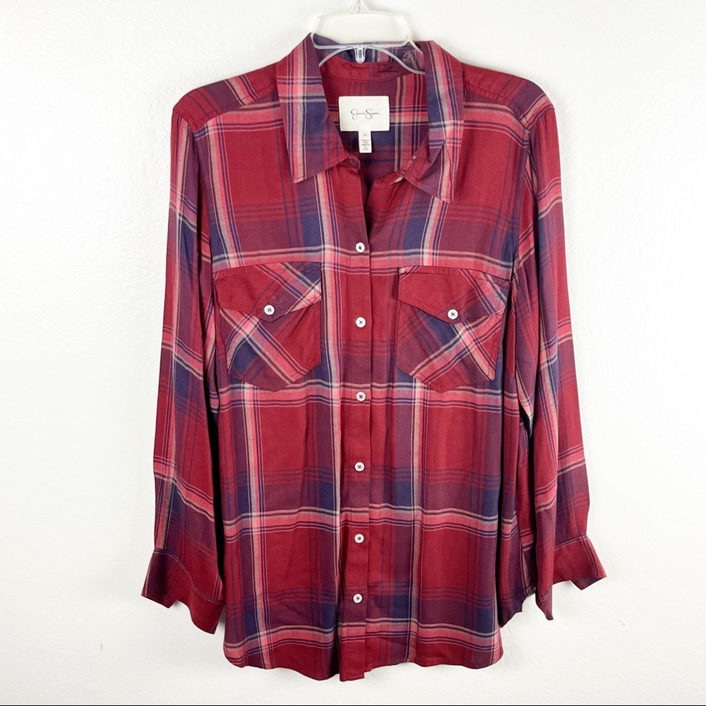 JESSICA SIMPSON Plaid Long Sleeve Lightweight Button Down Chest Pockets Top 1X
